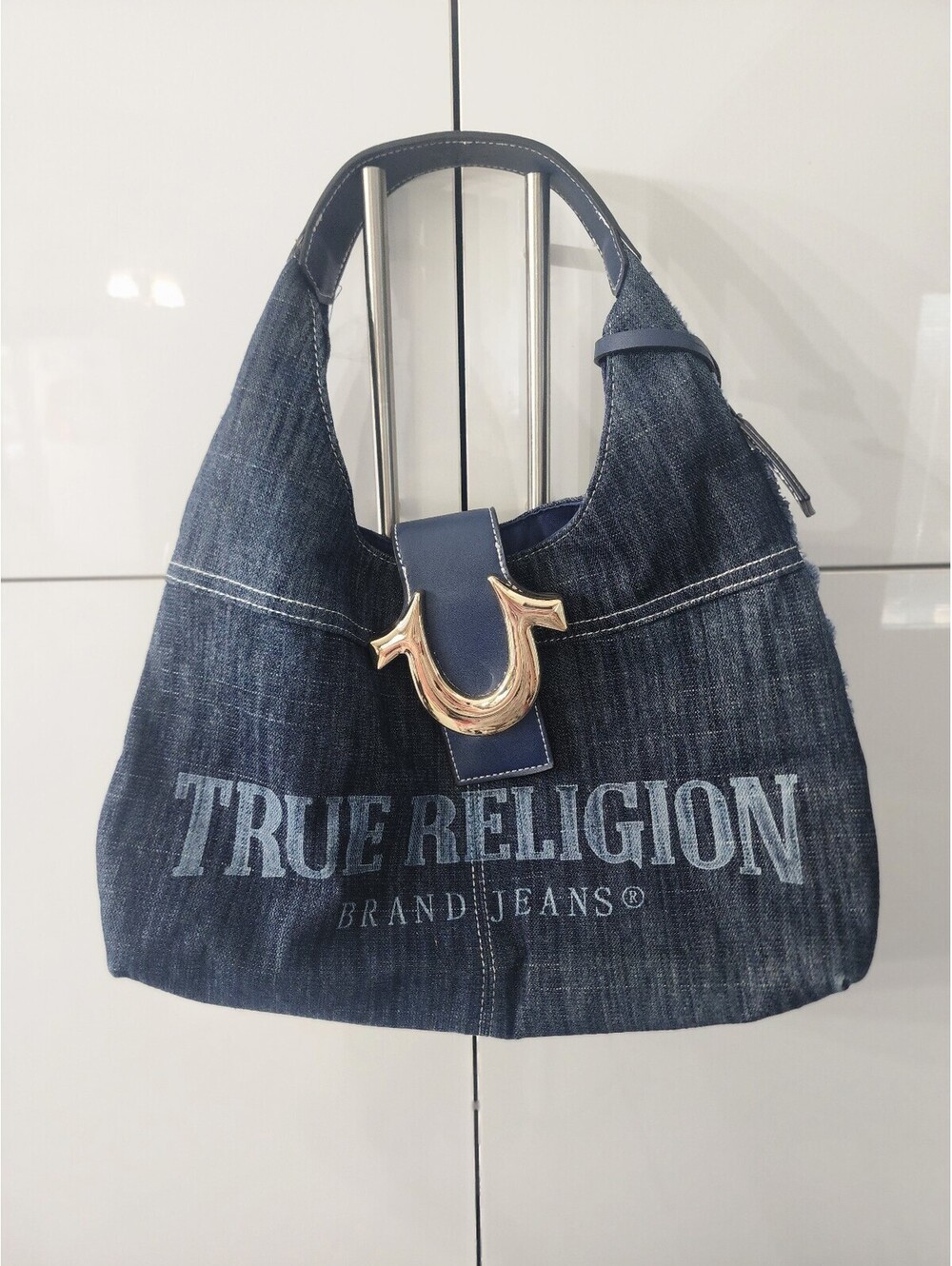 True Religion Denim Hobo Shoulder Bag with Gold Tone Hardware